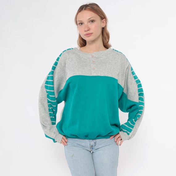 Teal Colorblock Sweatshirt 90s Grey Striped Sleeve Pullover Crew Neck Vintage Turquoise Heather Slouchy Athletic Sporty Retro Gym Medium M