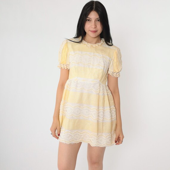 70s Lace Party Dress Mini Dress Sheer Puff Sleeve Ruffle Striped High Waisted Dolly Lolita Dress Retro Vintage 1970s Formal Small Petite