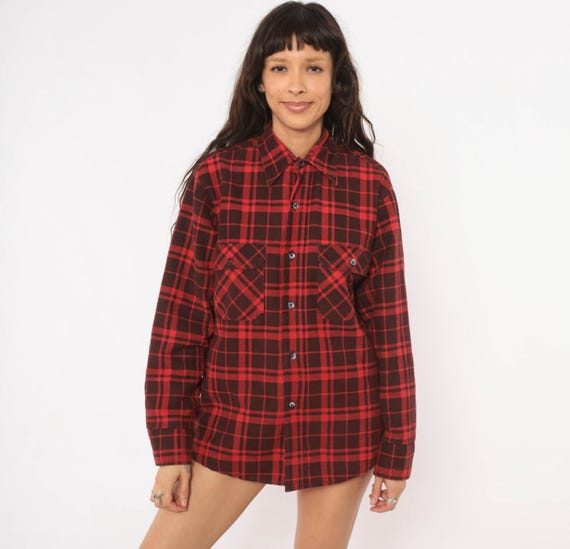 80s Quilted Lined Flannel Fieldmaster Plaid Shirt Red Black Check Workwear Lumberjack Chest Point Collar Long Sleeve Burgundy Wine Medium M