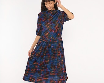 60s Abstract Plaid Dress L'Aiglon Cobalt Blue Orange Painterly Print Boat Neck Gathered Waist Pleated Skirt 1960s Vintage Women Large L