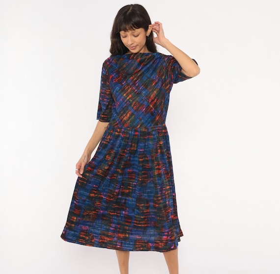 60s Abstract Plaid Dress L'Aiglon Cobalt Blue Orange Painterly Print Boat Neck Gathered Waist Pleated Skirt 1960s Vintage Women Large L