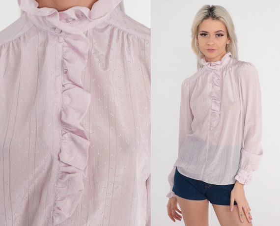 Lavender Ruffle Blouse 80s Semi-Sheer Tuxedo Shir… - image 1