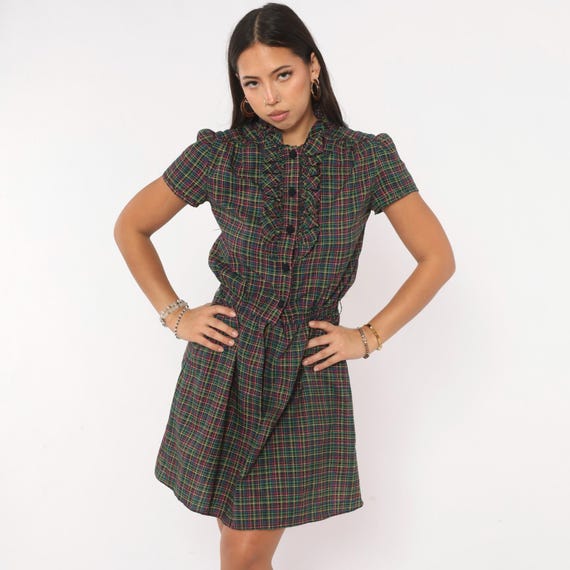 70s Plaid Dress Black Pink Green Yellow Check Print Ruffle Front Puff Short Sleeve Button Up Mock Neck Preppy Dark Academia Vintage Small S