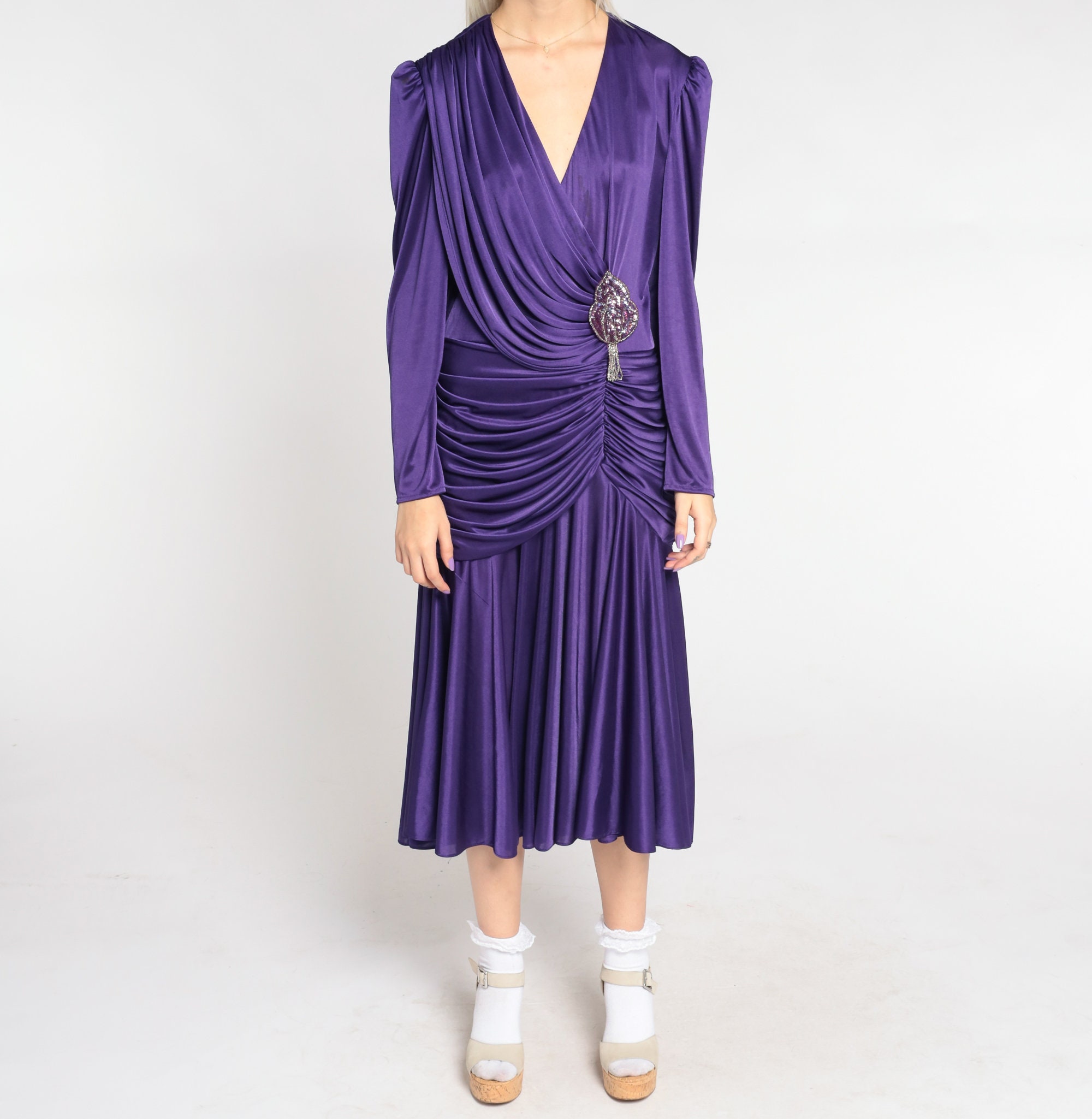 Purple Party Dress 80s Draped Midi Dress Formal Long Puff Sleeve Sequin