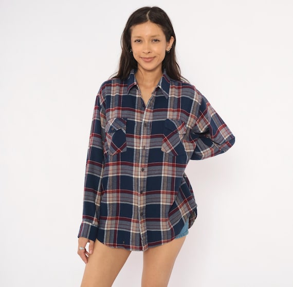 80s Grunge Flannel Shirt Navy Burgundy Plaid Button Front Long Sleeve Dual Chest Pocket Point Collar Relaxed Fit Check Top Vintage Large L