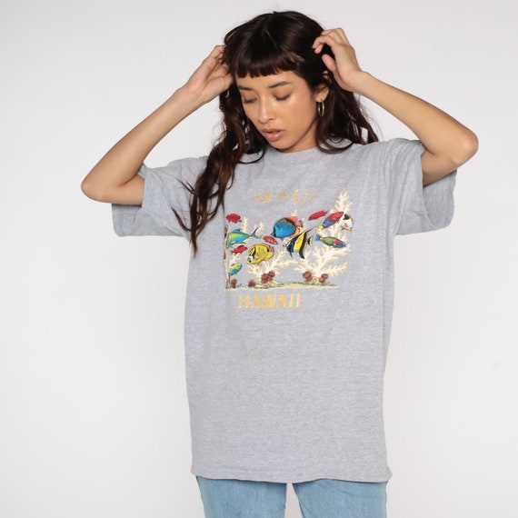 Hawaii Tshirt Maui Shirt Tropical Fish Shirt Graphic Tee Retro 90s Vintage T Shirt Grey Large L