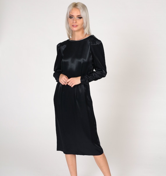 Black Satin Dress 80s Rhinestone Party Dress Long Puff Sleeve Midi Pencil High Waisted 90s Vintage 1980s Formal Cocktail Pleated Small S