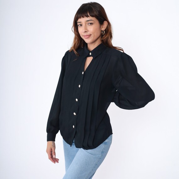 Black Keyhole Blouse 90s Pearl Button Up Top Puff… - image 5