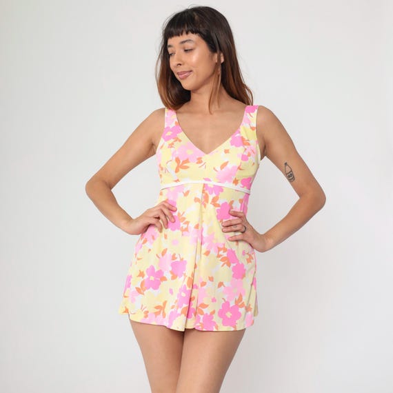 60s Swimsuit Floral One Piece Bathing Suit Hippie Boho Swim Suit Empire Waist Pin Up Skirted Mod Vintage Bohemian 1960s Bohemian Medium 8