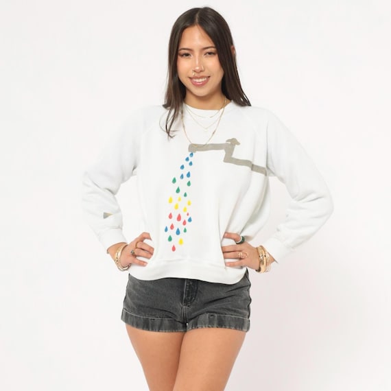 Colorful Faucet Sweatshirt 90s White Crewneck Raglan Sleeve Pullover Whimsical Raindrop Graphic Cotton Quirky Art Sweater Vintage Small S