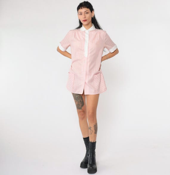 70s Striped Shirt Baby Pink Blouse Vintage Pocket Short Sleeve Pastel Top Button Up 1970s White Contrast Collar Candy Striper Small S