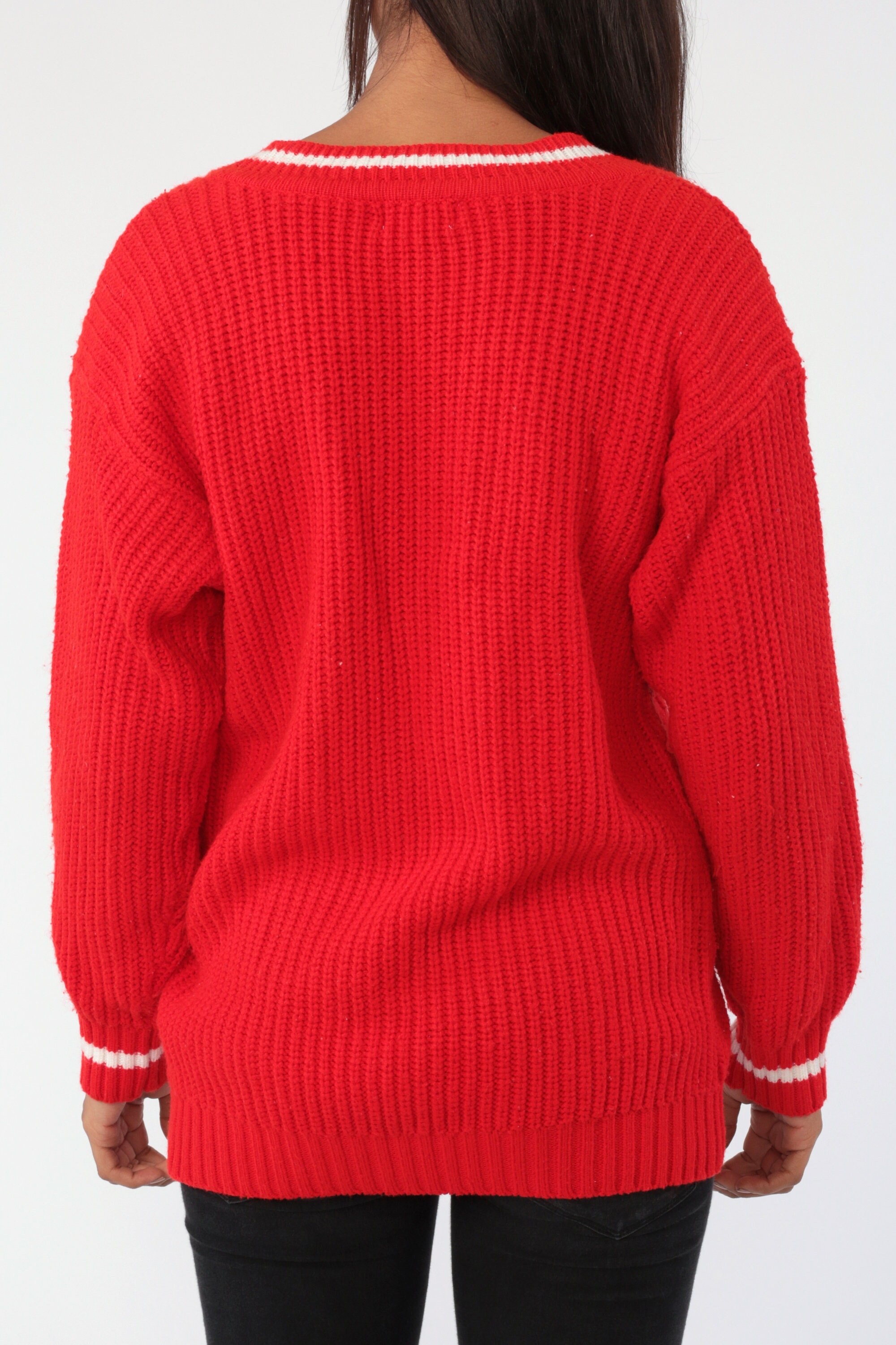 Red LACOSTE Sweater 80s Tennis Sweater Pullover Ringer IZOD Crocodile V Neck Cable Knit Vintage 
