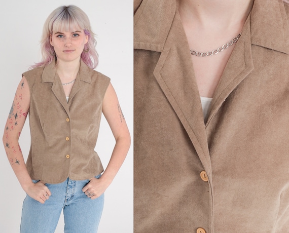 Faux Suede Tank Top 90s Taupe Button Up Tank Top 1990s Vintage Collared Plain Basic Top Sleeveless Shirt Fake Suede Medium