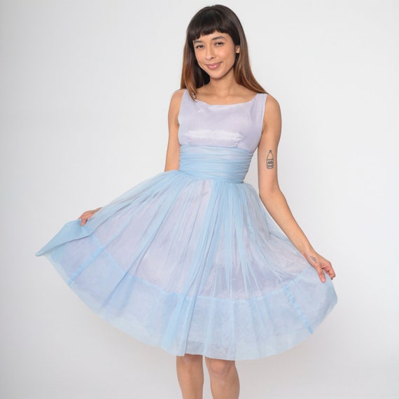 60s Cocktail Dress Light Blue Chiffon Dress 1960s Party Midi Vintage Empire Waist Formal Fit and Flare Sleeveless A-Line Prom Extra Small xs