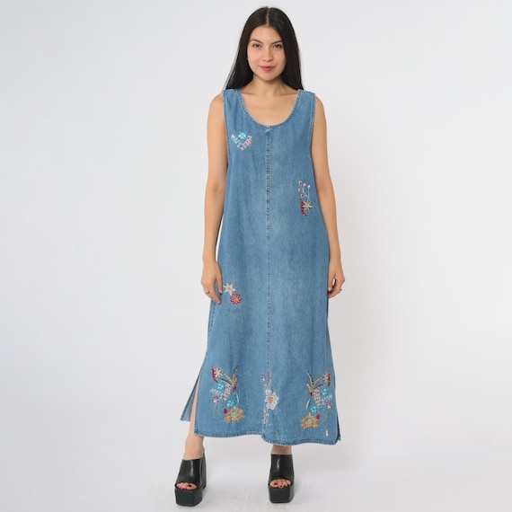 Denim Maxi Dress 90s Sleeveless Embroidered Floral Colorful Stitching Cotton Blue Jean Long Dress Casual Festival Summer Vintage Large L