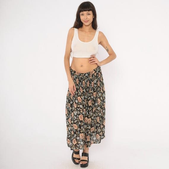 90s Dark Floral Maxi Skirt Black Peach Periwinkle Rose Gathered Elastic Waist Cottage Core Prairie Flower Garden Chiffon Long Skirt Medium M