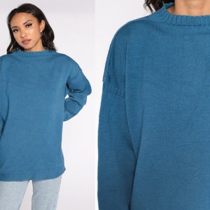 Blue Wool Sweater 80s Pullover Slouchy Plain Knit Sweater Vintage 1980s Preppy Jumper Men&#39;s Large