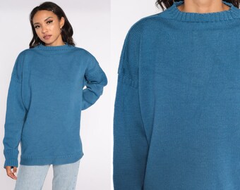 Blue Wool Sweater 80s Pullover Slouchy Plain Knit Sweater Vintage 1980s Preppy Jumper Men's Large