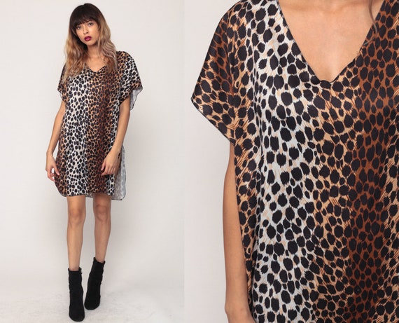 Leopard Nightgown Lingerie Dress Animal Print Pajamas Mini Chemise Lingerie Vintage 80s Sleep Dress Sexy Chemise Small Medium