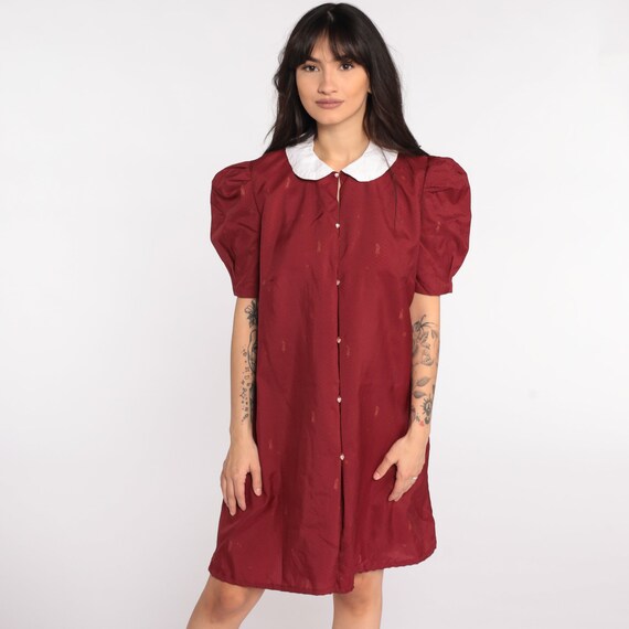 70s Mini Dress Novelty Print DAPPER MAN Shift Dress Hippie Puff Sleeve Vintage Peter Pan Collar Dolly Boho Burgundy 1970s Medium