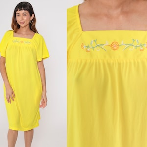 90s Floral Embroidered Dress Bright Yellow Midi Dress Tent Short Sleeve Pockets Retro Shift Loose Beach Day Vintage 1990s Small S image 1