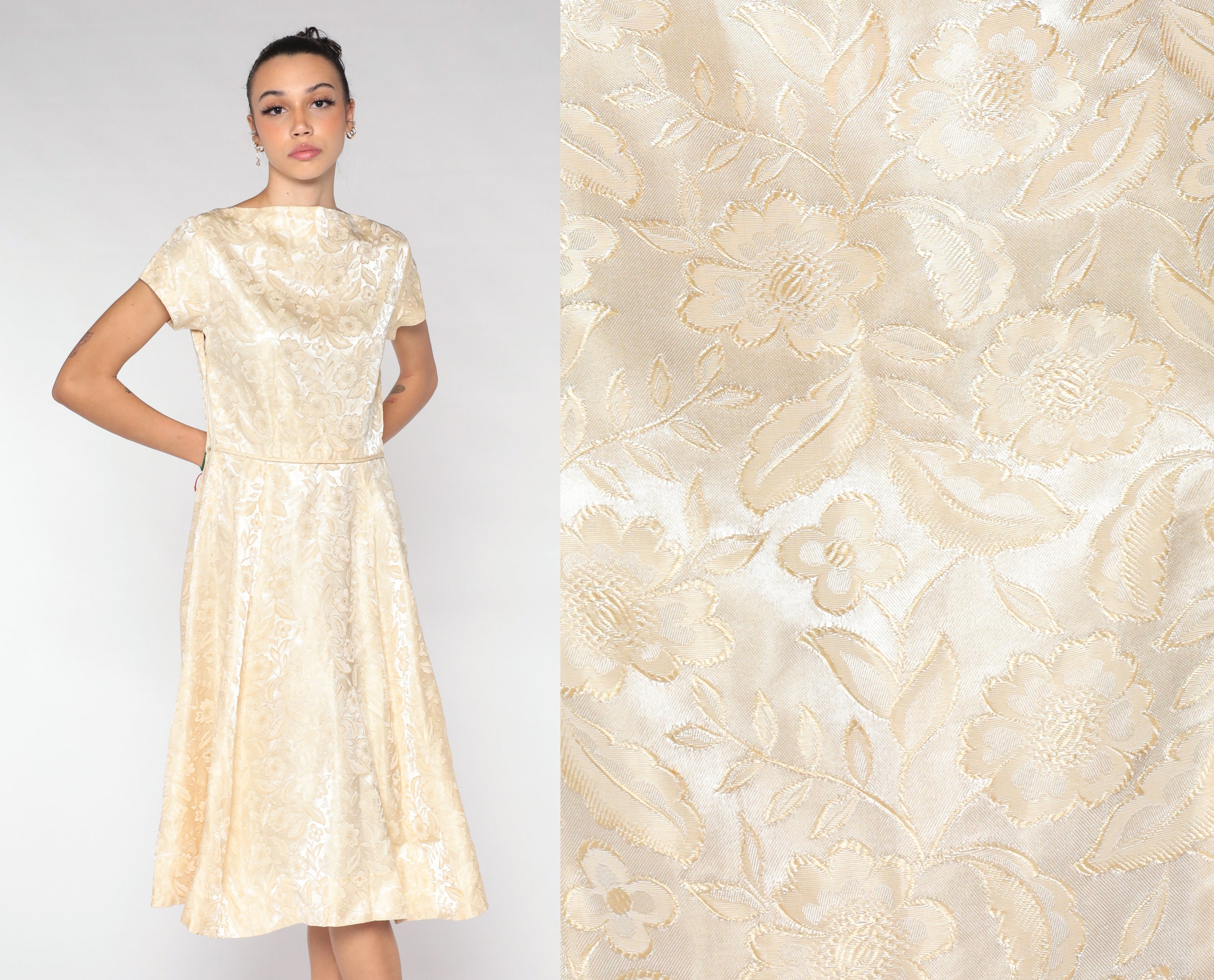 60s Party Dress Cream Brocade Floral Print Dress Retro Mad Men