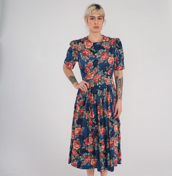 Vintage Navy Blue Floral Dress 80s 90s Puff Sleeve Midi Dress High Basque Waist Rose Flower Print Day Garden Party Button 1990s Medium M