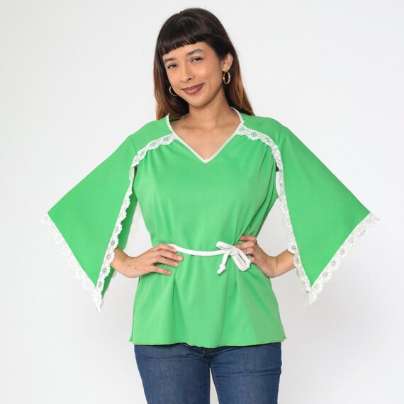 70s Lime Green Blouse Angel Sleeve Shirt White Lace Trim Drawstring Belted Top Seventies Boho Hippie Festival Summer Vintage 1970s Medium M