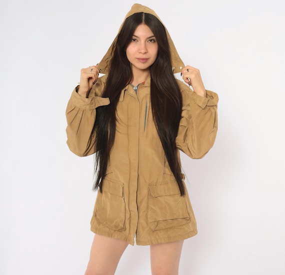 80s Sierra Design Hooded Parka Jacket Beige Tan Zip Front Snap Anorak Windbreaker Camel Outdoor Hiking Utility Gorpcore Coat Vintage Small S