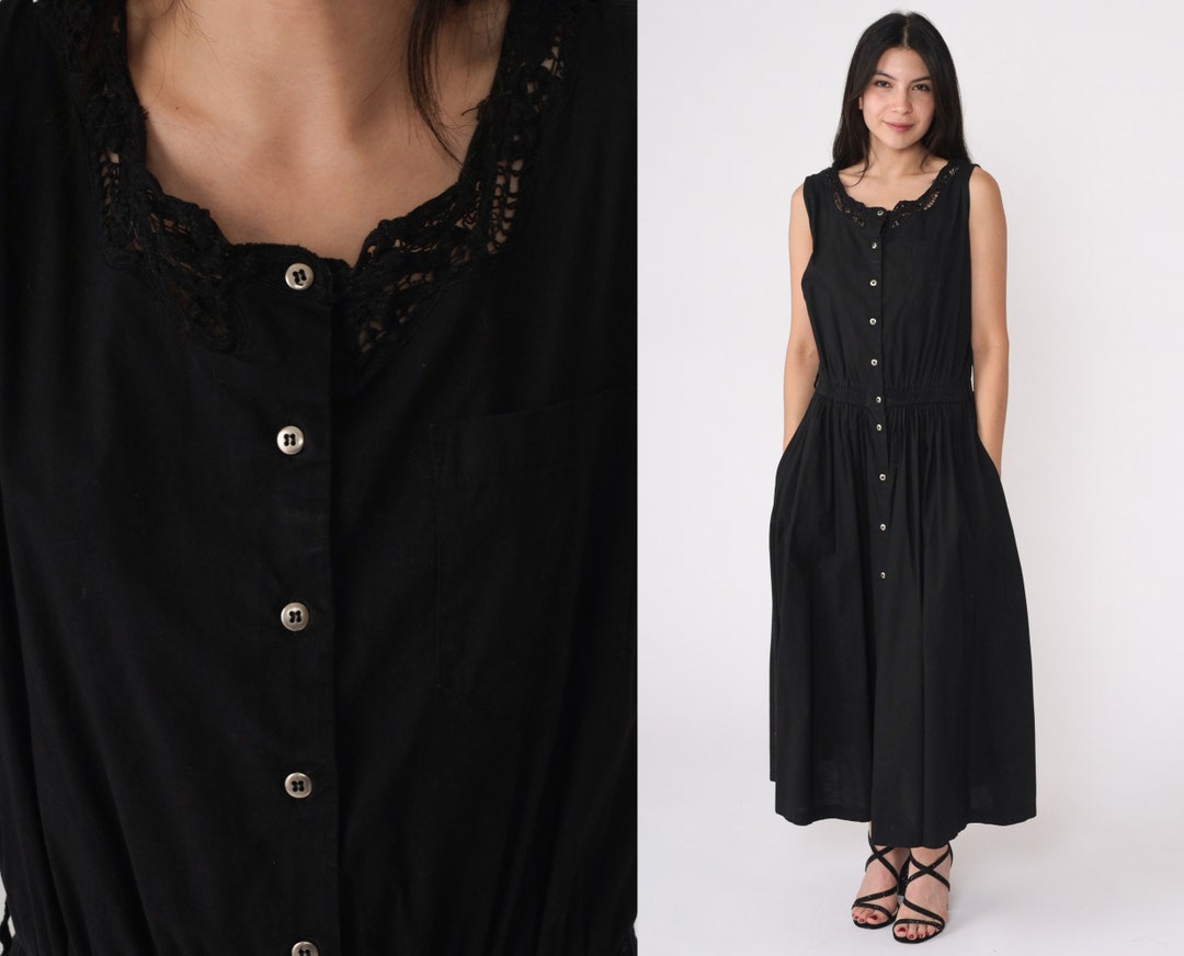Black Cotton Dress 80s Lace Trim Button up Sundress Summer Dress Boho — free download