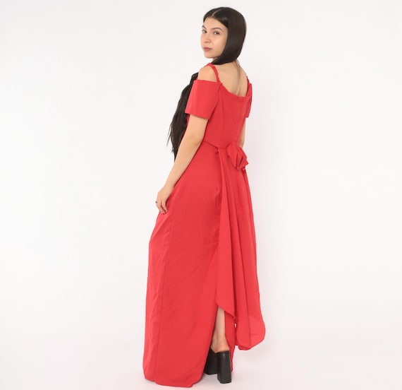 90s Red Gown Off The Shoulder Maxi Dress Spaghetti Strap Waist Bow Tie Back Scarlet Formal Evening Romantic Valentines Vintage Medium M