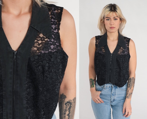 Black Lace Vest 90s Sheer Floral Vest Top Sleeveless Blouse Zip Up Shirt Festival Cut Out Hippie Bohemian Tank Vintage 1990s Banjo Medium M