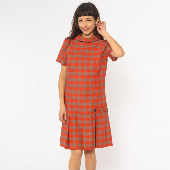 60s Plaid Dress Orange Brown Checkered Drop Waist Knee Length Pleated Skirt Short Sleeve Cowl Neck Collar Mod Vintage  Small Medium S M