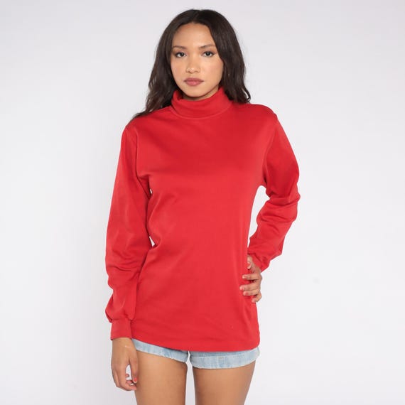 80s Red Turtleneck Mock Neck Sweatshirt SKYR Long Sleeve Cotton Lycra Blend Pullover Minimal Classic Retro Ski Winter Layering Top Large L