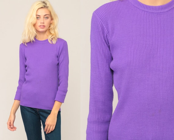 Purple Sweater 70s Sweater Bright LIGHTWEIGHT Knit Slouchy Pullover Jumper Plain 1970s Hipster Vintage Extra Large xl