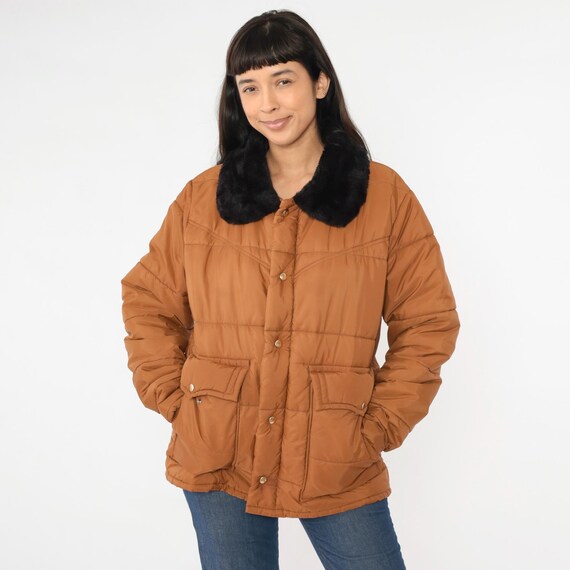 Vintage Brown Puffer Coat 70s Retro Faux Fur Collar Ski Jacket Puffy Quilted Western Yoke Jacket Retro 1970s Puff Winter Men's Large L