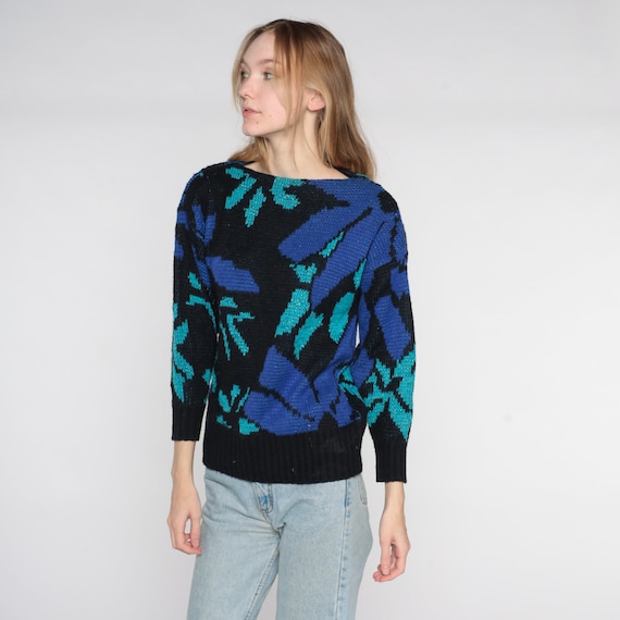 Vintage Metallic Floral Sweater 80s Black Sparkly Flower Print Retro Boho Grunge Blue Glitter Knit Pullover Boat Neck 1980s Medium
