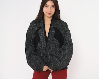 90s Black Speckled Bomber Jacket Cotton Button Front Notched Lapel Long Sleeve Boxy Blazer Coat White Fleck Ribbed  Code Zero Grunge Large L