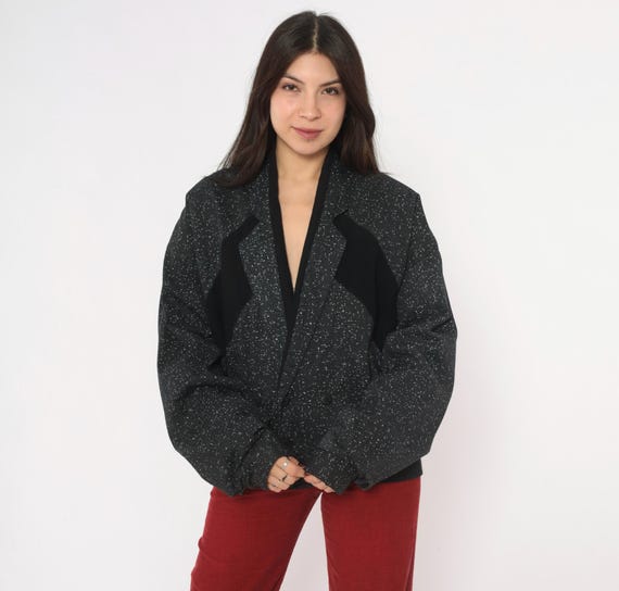 90s Black Speckled Bomber Jacket Cotton Button Front Notched Lapel Long Sleeve Boxy Blazer Coat White Fleck Ribbed  Code Zero Grunge Large L
