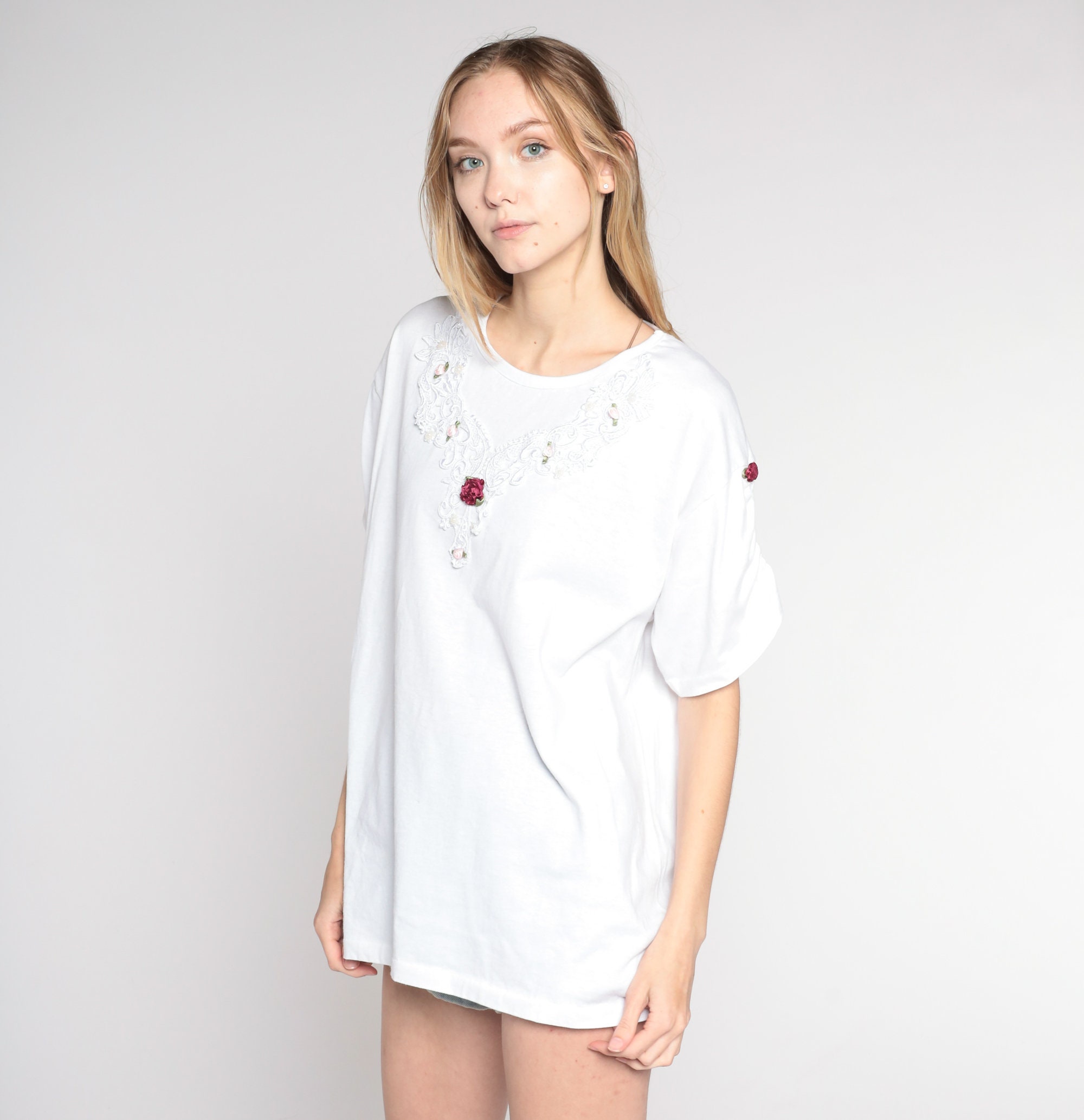 Rosette Shirt 90s White Lace Applique Rose T-Shirt Retro Pearl Beaded ...