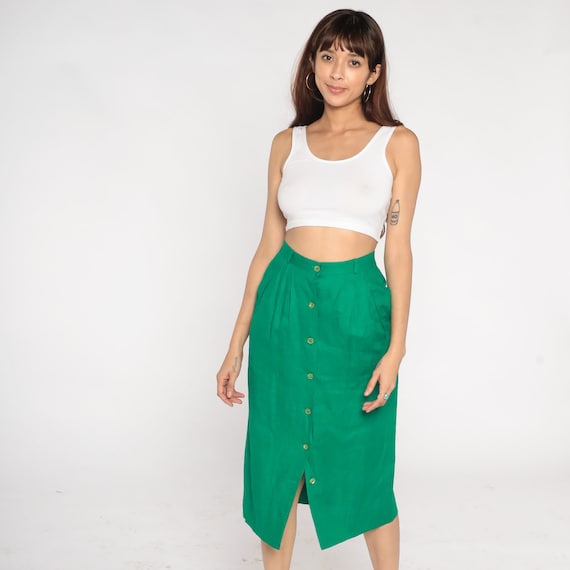 Linen Midi Skirt 80s Green Button Up Pencil Skirt Retro Bohemian Summer High Waisted Boho Simple Plain Preppy Vintage 1980s Small Medium