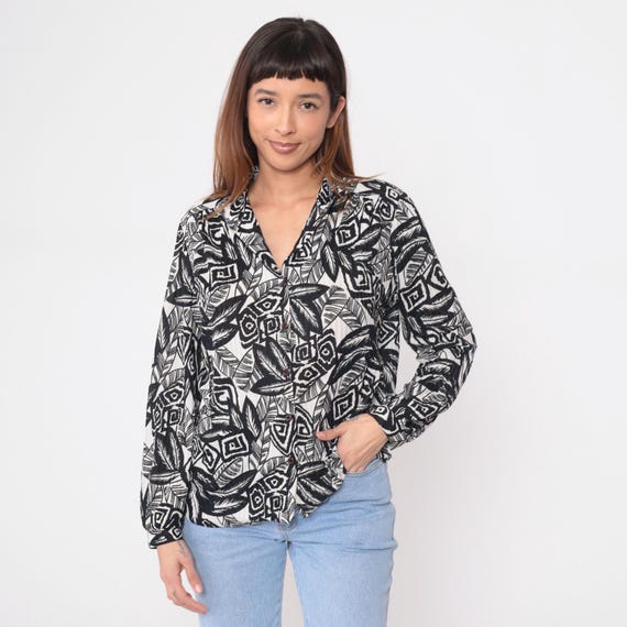 90s Geometric Blouse Black White Long Sleeve Button Front Collar Abstract Leaf Pattern Vintage Office Work Professional Top Career Large L