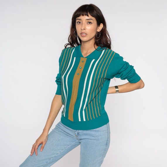 Striped Polo Sweater Teal Striped Sweater 80s Nec… - image 2