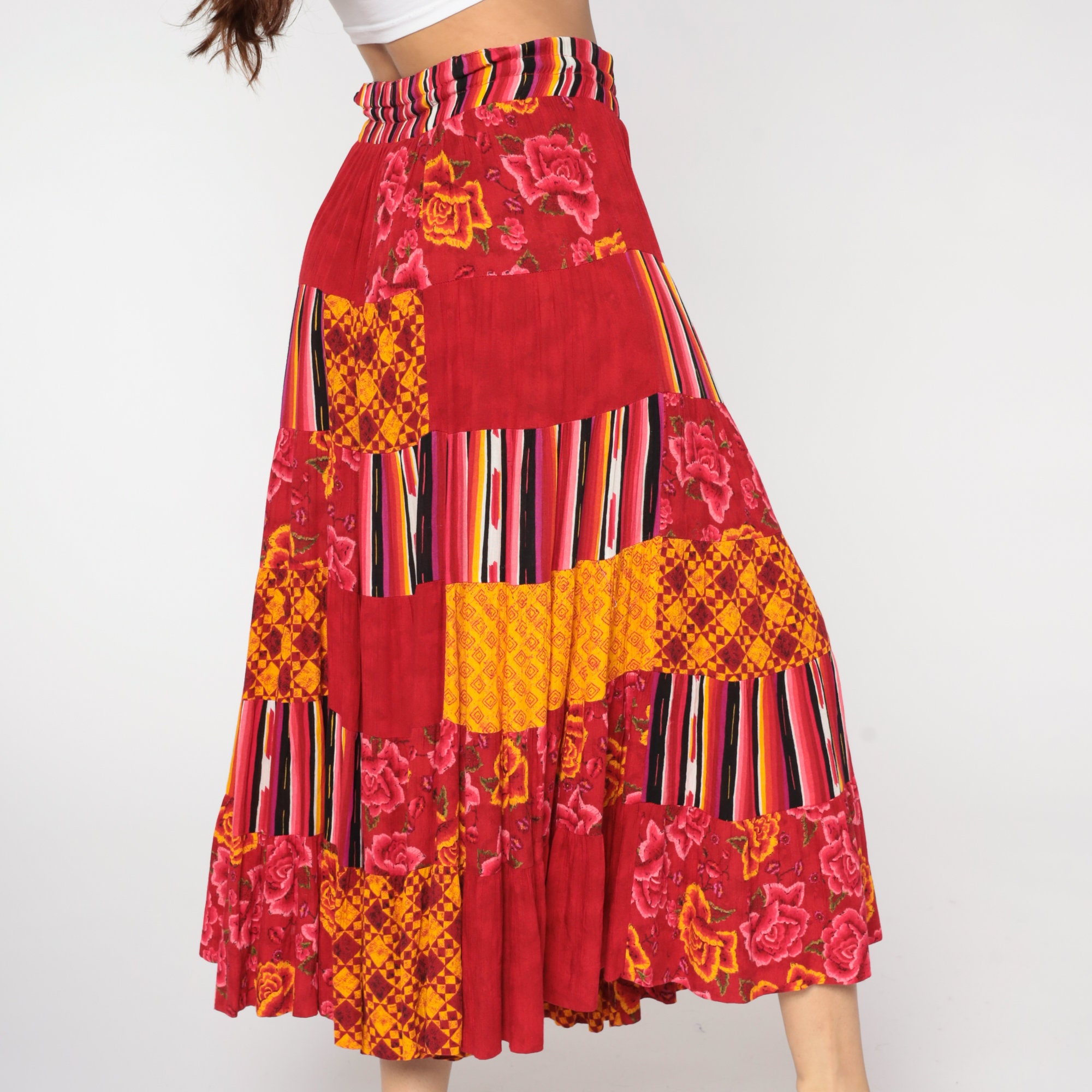 Patchwork Broomstick Skirt 90s Red Maxi Skirt Boho Hippie Floral Grunge