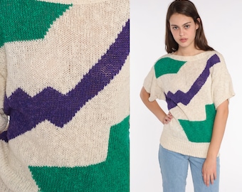Geometric Sweater Top 80s Knit Top Short Sleeve 80s Color Block Top 1980s Graphic Vintage Beige Green 90s Cotton Sweater Medium