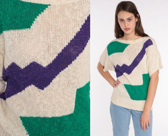 Geometric Sweater Top 80s Knit Top Short Sleeve 80s Color Block Top 1980s Graphic Vintage Beige Green 90s Cotton Sweater Medium