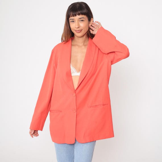 90s Coral Blazer Two Button Salmon Pink V Neck Lapel Vintage Office Work Jacket Bright Orange Pink Power Suit Power Dressing Extra Large XL