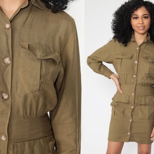 Jaren &#39;80 Cargo Jurk + Bijpassend Gezichtsmasker Safari Jurk Olijfgroen Liz Claiborne Button Up Shirt MiniDress Jaren &#39;80 Vintage jaren &#39;90 Extra Klein xs xxs