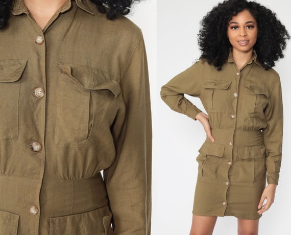 80s Cargo Dress + Matching Face Mask Safari Dress Olive Green Liz Claiborne Button Up Shirt MiniDress 1980s Vintage 90s Extra Small xs xxs