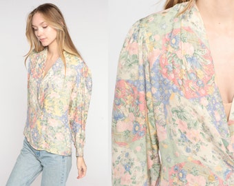 Floral Silk Blouse 80s Boho Shirt V Neck Wrap Top Double Breasted Button Up Long Sleeve Romantic Hippie Pastel Vintage 1980s Small S 6